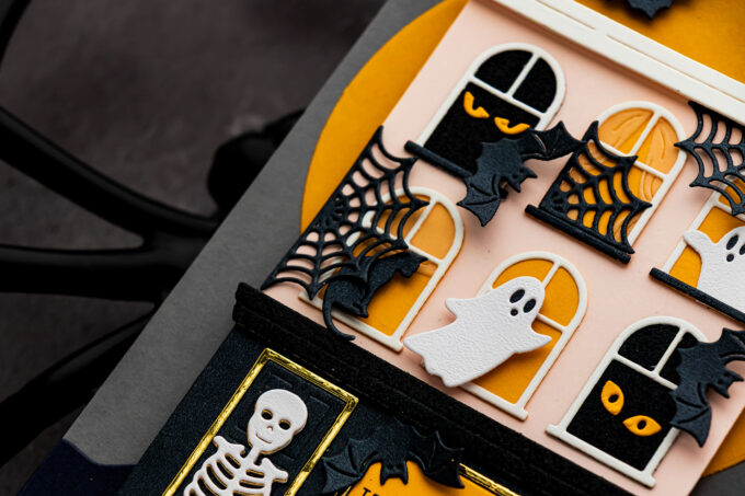 Halloween haunted house card made with Spellbinders City Holiday and Halloween City Holiday Add-On Dies