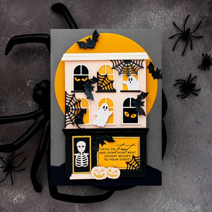 Halloween haunted house card made with Spellbinders City Holiday and Halloween City Holiday Add-On Dies